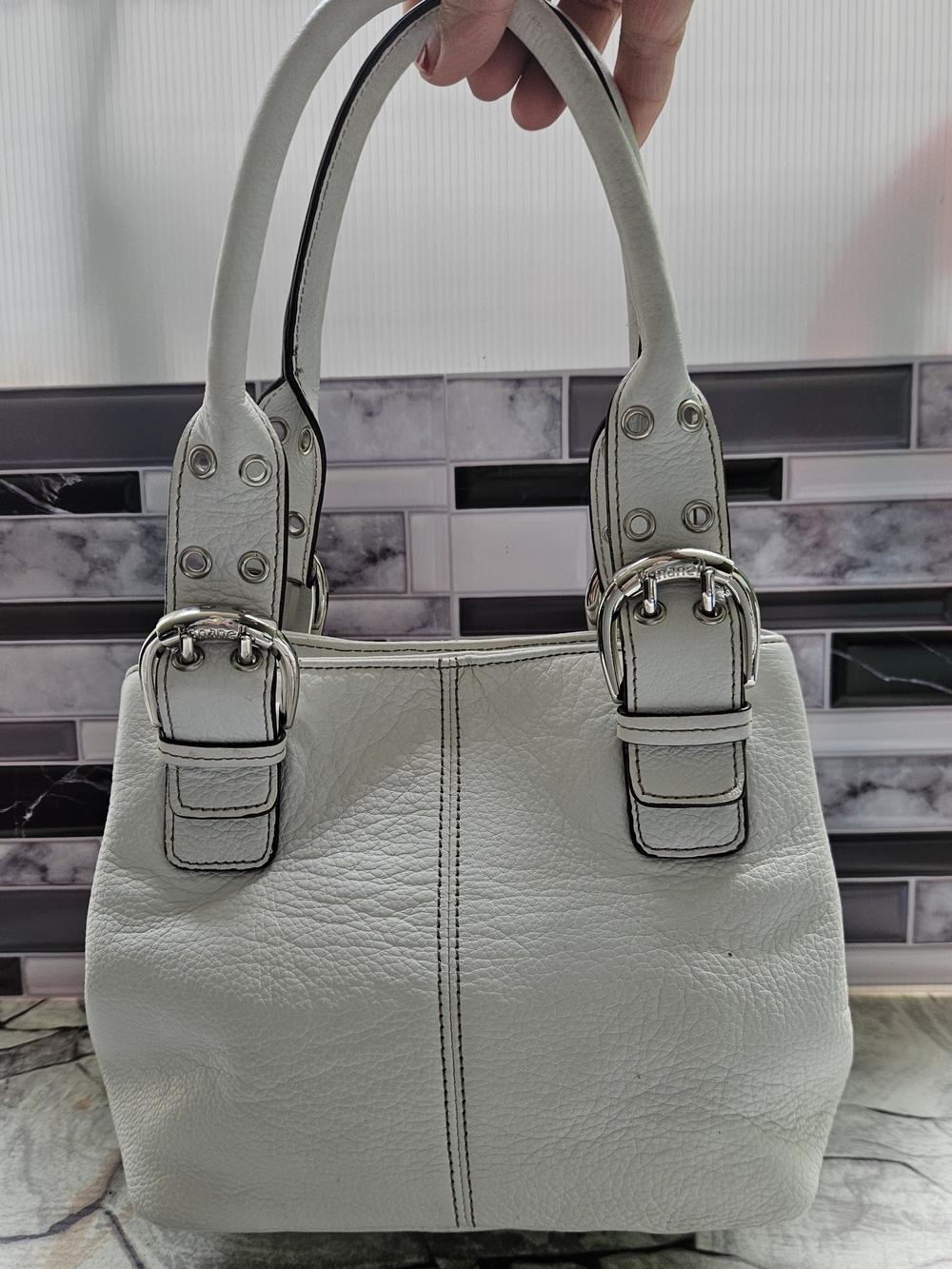 Tignanello White Leather Buckle-Detail Satchel